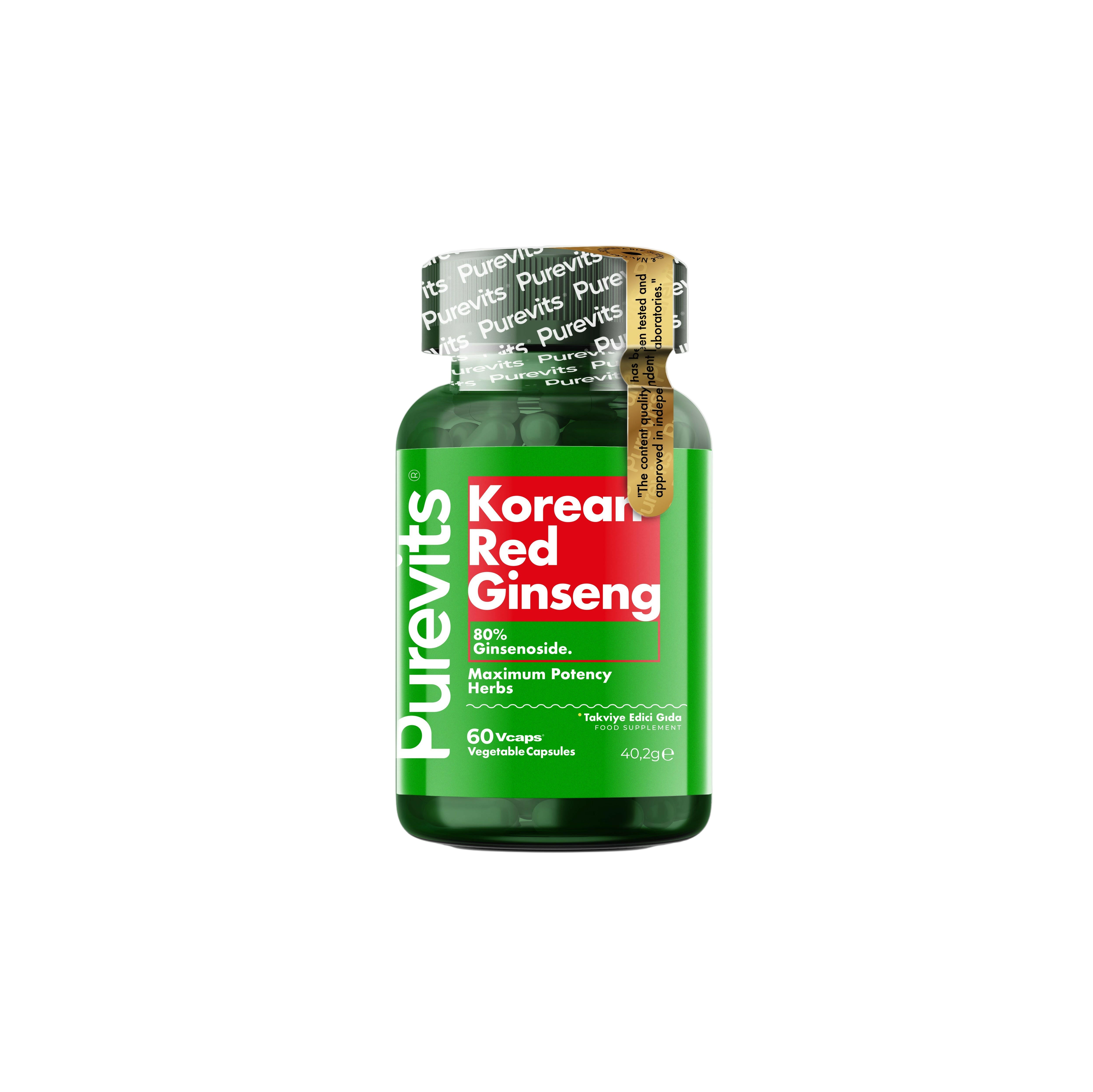 Purevits Kırmızı Kore Ginseng- Korean Red Ginseng 500 mg 60 Adet Vegan Kapsül.